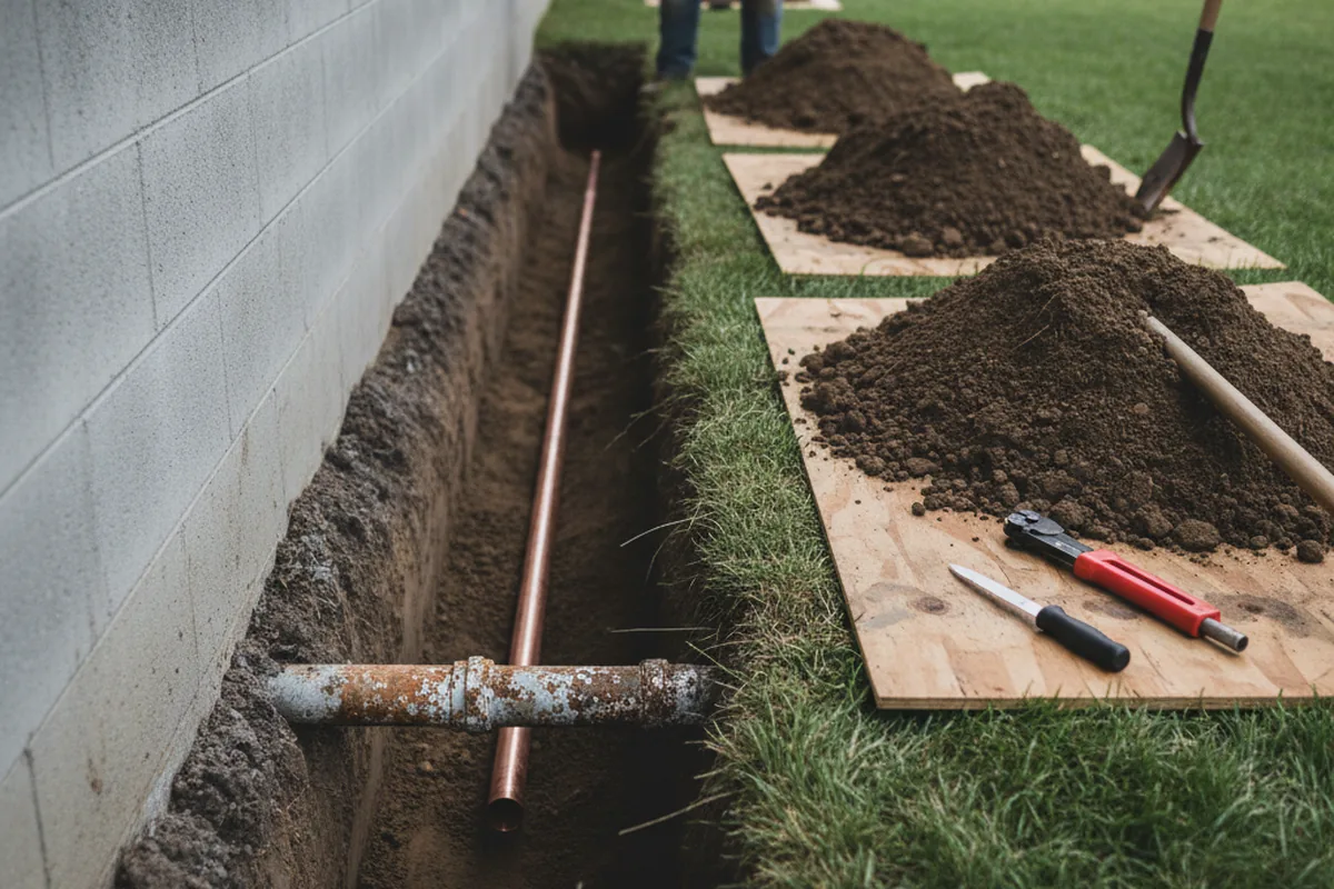 Excavated water line trench during Sewer Line Repair in Debord